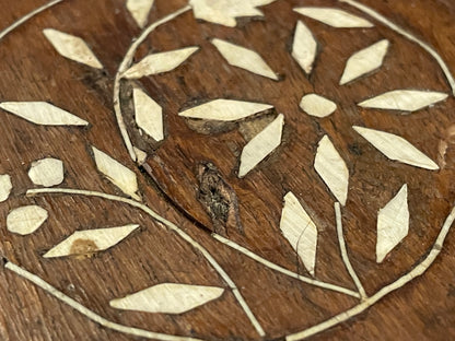 Antique Indian Carved Hardwood Folding Table – Bone Inlaid Top with Foliate Pierced Decoration (c.1900)
