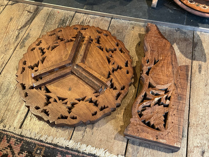 Antique Indian Carved Hardwood Folding Table – Bone Inlaid Top with Foliate Pierced Decoration (c.1900)