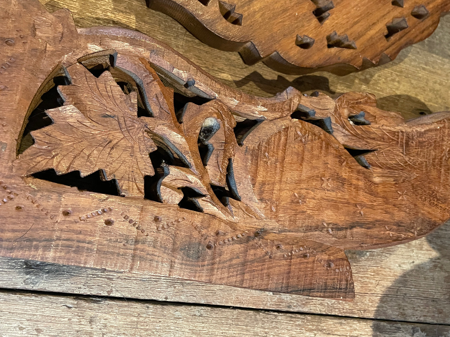 Antique Indian Carved Hardwood Folding Table – Bone Inlaid Top with Foliate Pierced Decoration (c.1900)