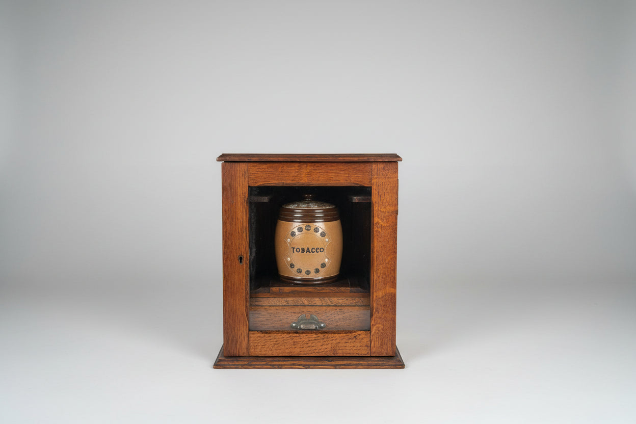 Antique Oak Smokers Cabinet with Bevelled Glass Door and Royal Doulton Lambeth Tobacco Jar (c.1900–1920)