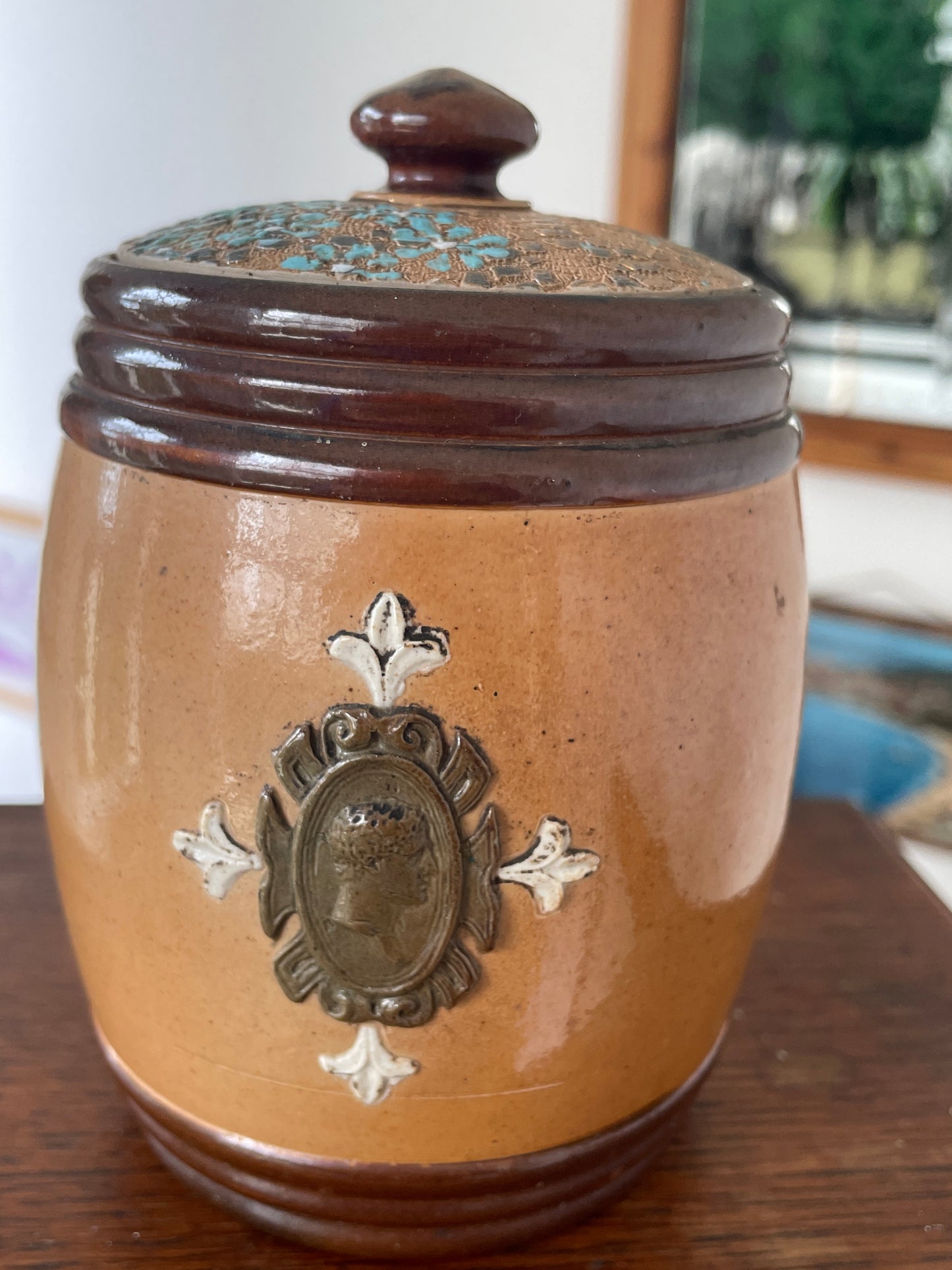 Antique Oak Smokers Cabinet with Bevelled Glass Door and Royal Doulton Lambeth Tobacco Jar (c.1900–1920)