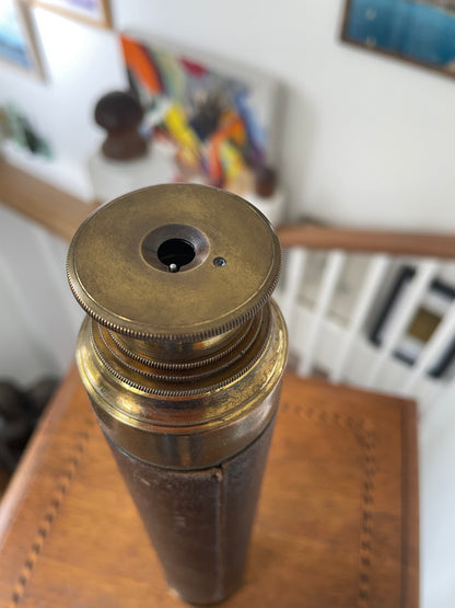 Antique Brass and Leather Three Draw Telescope – Victorian Marine or Field Scope (c.1900)