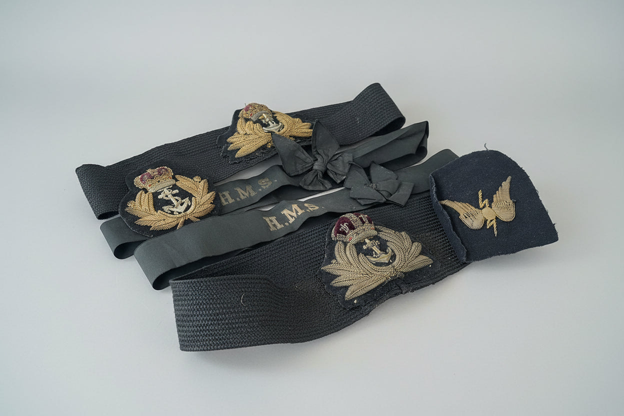 Two Royal Navy Officer Bullion Embroidered Cap Badges with HMS Tally Ribbons and Naval Aviation Wing (c.1955–1970)