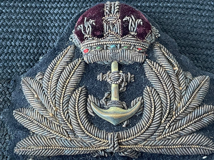 Two Royal Navy Officer Bullion Embroidered Cap Badges with HMS Tally Ribbons and Naval Aviation Wing (c.1955–1970)