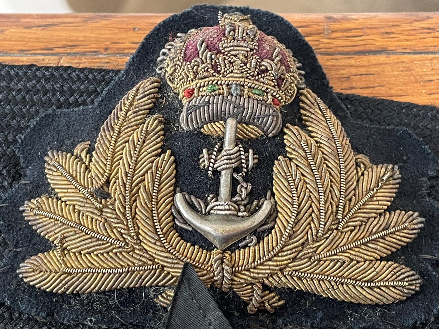 Two Royal Navy Officer Bullion Embroidered Cap Badges with HMS Tally Ribbons and Naval Aviation Wing (c.1955–1970)