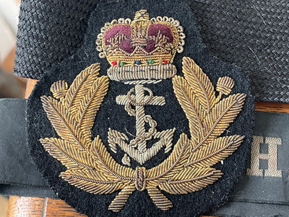Two Royal Navy Officer Bullion Embroidered Cap Badges with HMS Tally Ribbons and Naval Aviation Wing (c.1955–1970)