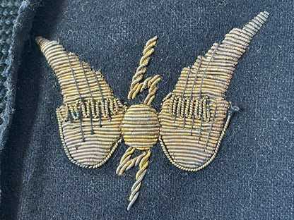 Two Royal Navy Officer Bullion Embroidered Cap Badges with HMS Tally Ribbons and Naval Aviation Wing (c.1955–1970)