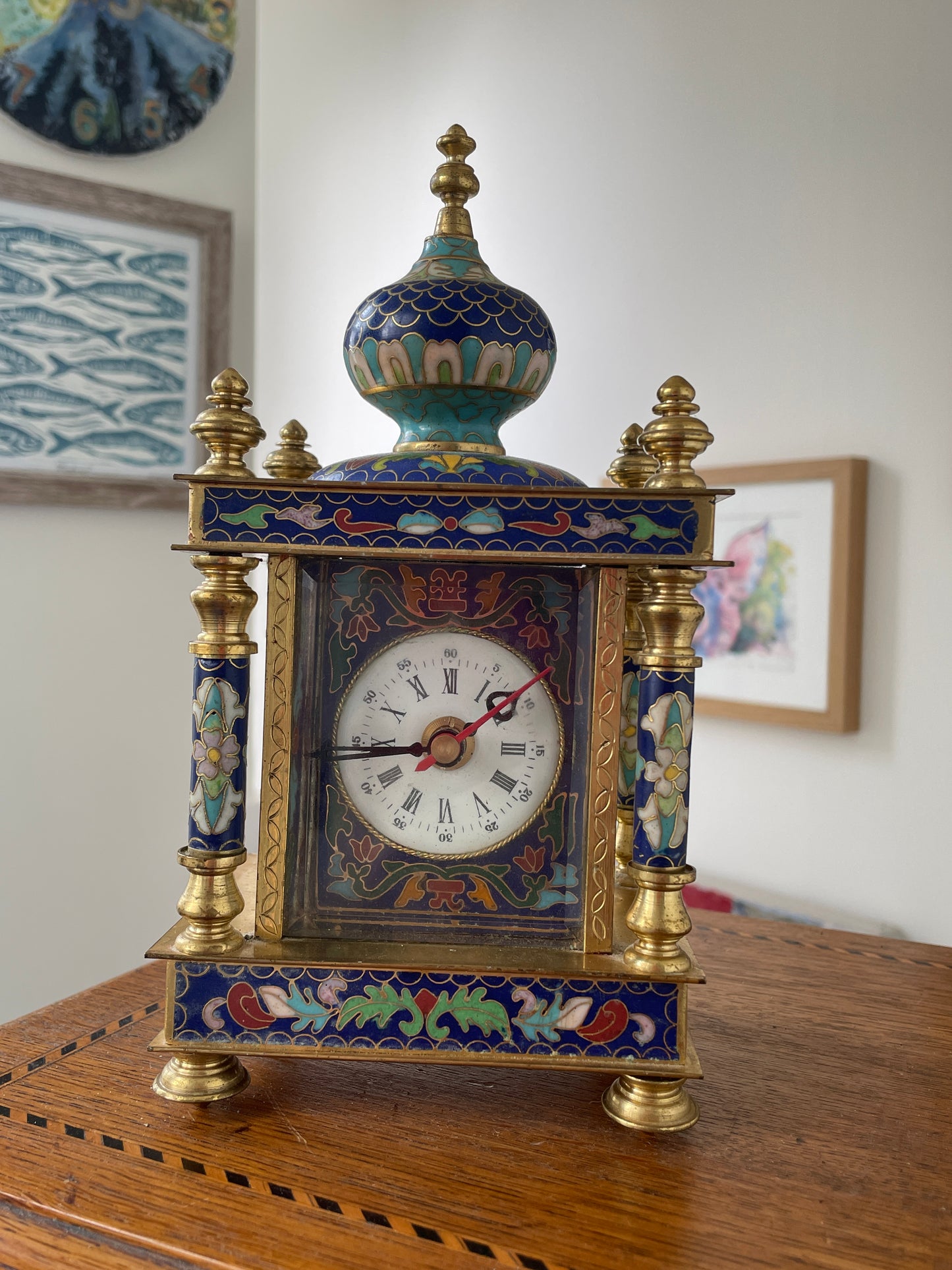 Antique Style Cloisonné Effect Brass and Resin Mantel Clock – Chinese Decorative Temple Form Case (c.1980–1990)