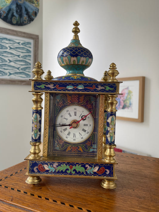 Antique Style Cloisonné Effect Brass and Resin Mantel Clock – Chinese Decorative Temple Form Case (c.1980–1990)