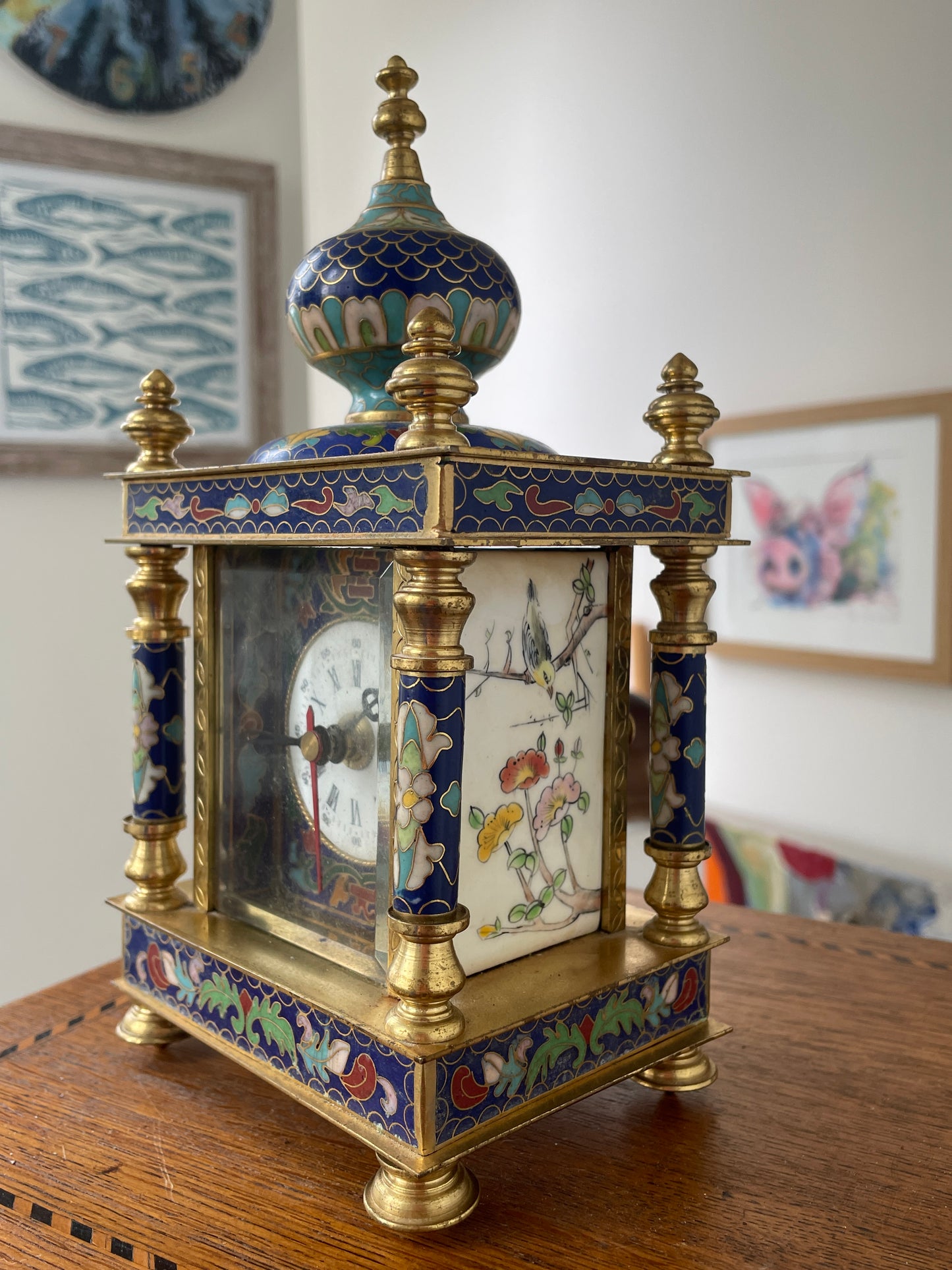 Antique Style Cloisonné Effect Brass and Resin Mantel Clock – Chinese Decorative Temple Form Case (c.1980–1990)