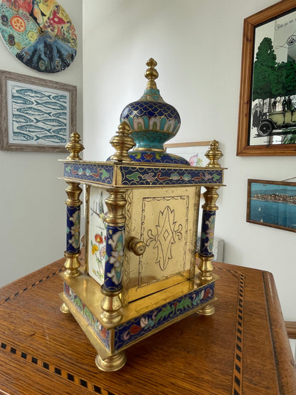 Antique Style Cloisonné Effect Brass and Resin Mantel Clock – Chinese Decorative Temple Form Case (c.1980–1990)