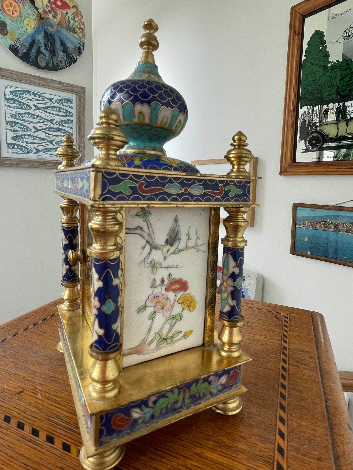 Antique Style Cloisonné Effect Brass and Resin Mantel Clock – Chinese Decorative Temple Form Case (c.1980–1990)