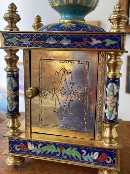 Antique Style Cloisonné Effect Brass and Resin Mantel Clock – Chinese Decorative Temple Form Case (c.1980–1990)