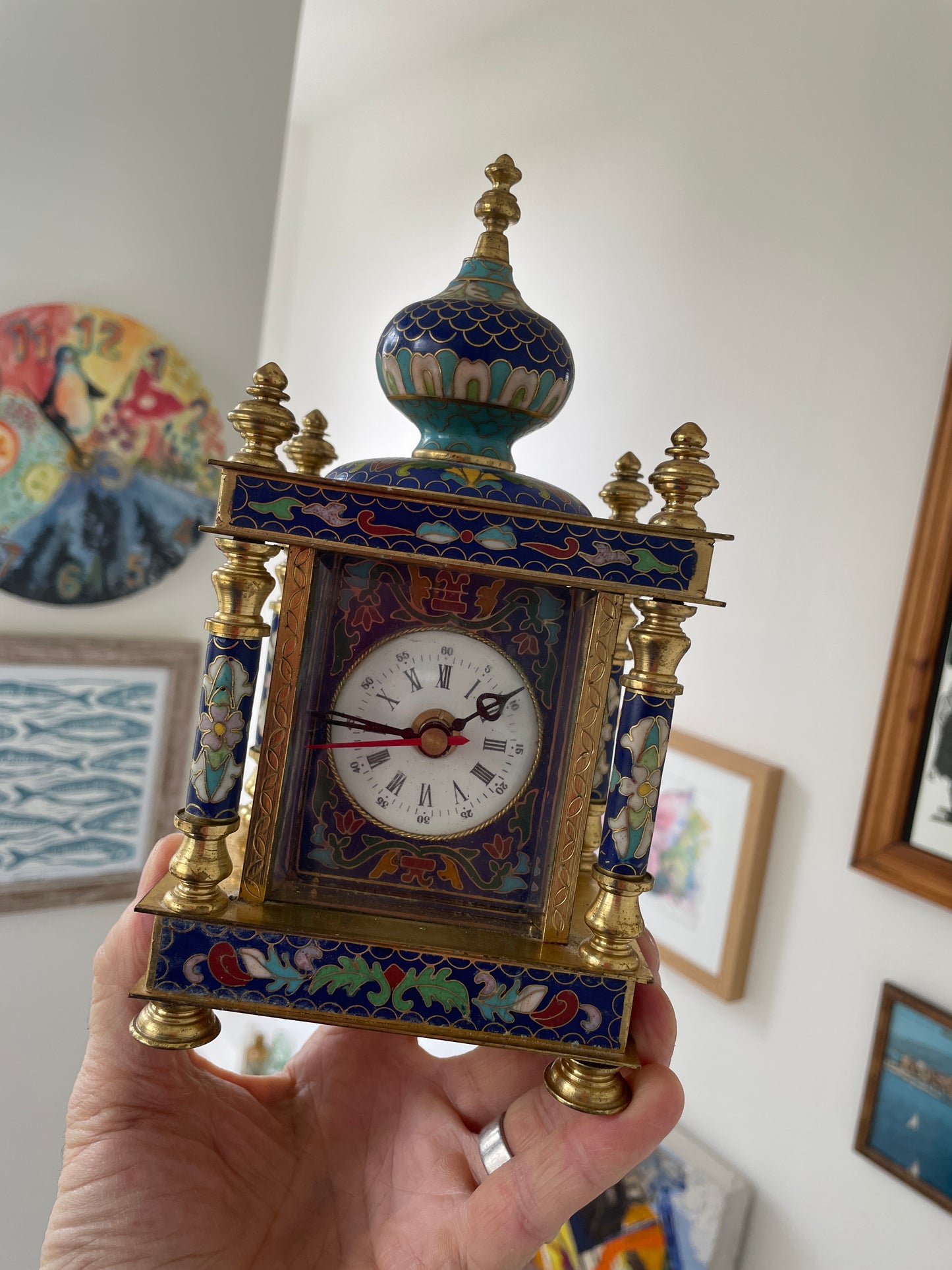 Antique Style Cloisonné Effect Brass and Resin Mantel Clock – Chinese Decorative Temple Form Case (c.1980–1990)