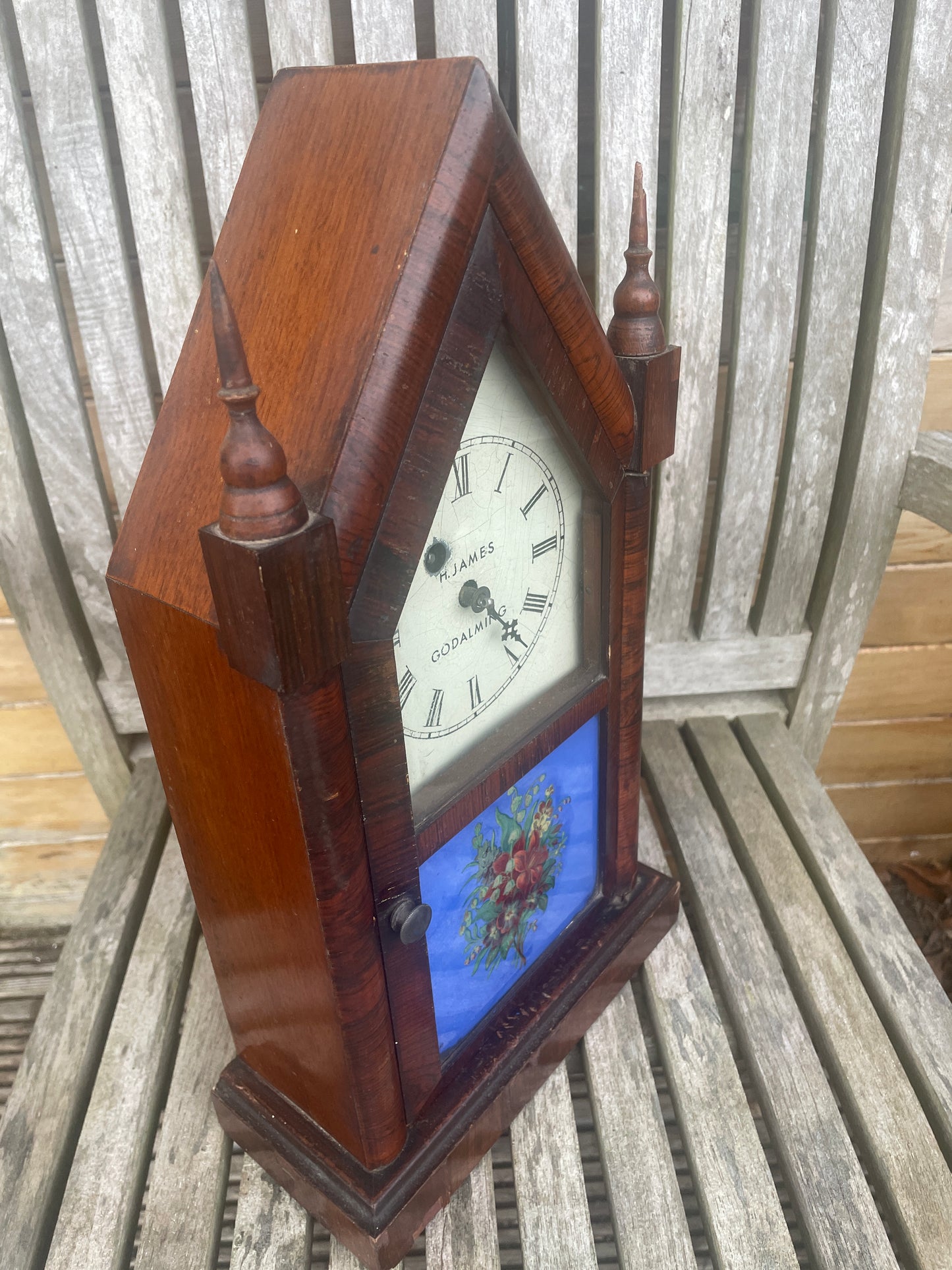 Antique American Waterbury Steeple Mantel Clock – H. James of Godalming Retailer Dial (c.1880–1895)