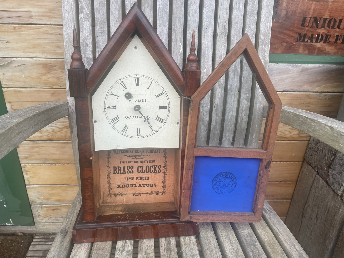 Antique American Waterbury Steeple Mantel Clock – H. James of Godalming Retailer Dial (c.1880–1895)