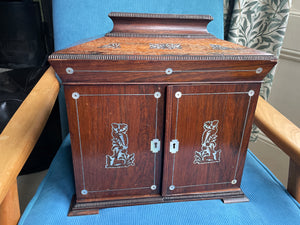 Antique Victorian Rosewood and Mother of Pearl Inlaid Writing Cabinet – Rising Caddy Top with Fitted Interior (c.1870)