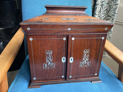 Antique Victorian Rosewood and Mother of Pearl Inlaid Writing Cabinet – Rising Caddy Top with Fitted Interior (c.1870)