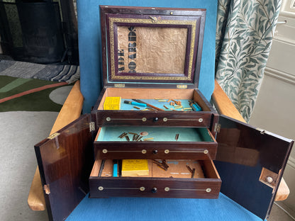 Antique Victorian Rosewood and Mother of Pearl Inlaid Writing Cabinet – Rising Caddy Top with Fitted Interior (c.1870)
