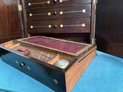Antique Victorian Rosewood and Mother of Pearl Inlaid Writing Cabinet – Rising Caddy Top with Fitted Interior (c.1870)