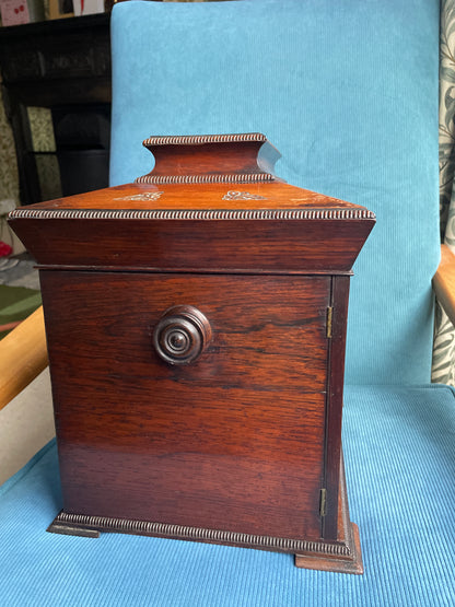 Antique Victorian Rosewood and Mother of Pearl Inlaid Writing Cabinet – Rising Caddy Top with Fitted Interior (c.1870)