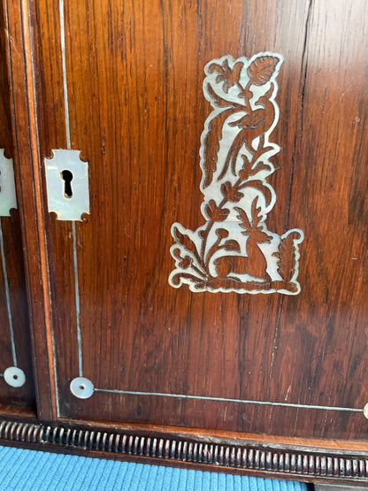 Antique Victorian Rosewood and Mother of Pearl Inlaid Writing Cabinet – Rising Caddy Top with Fitted Interior (c.1870)