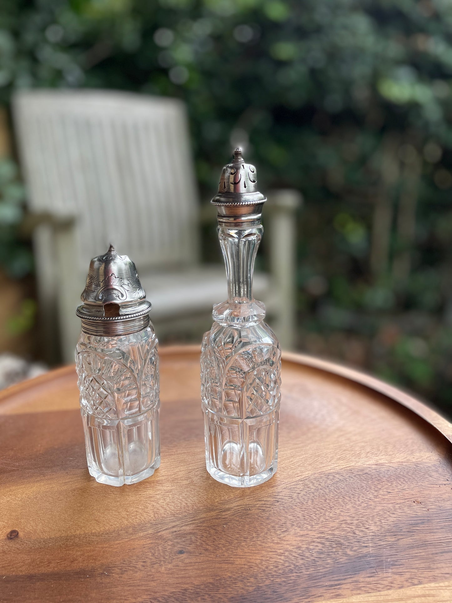 Solid silver topped cut glass matching condiment jar set-  London 1862