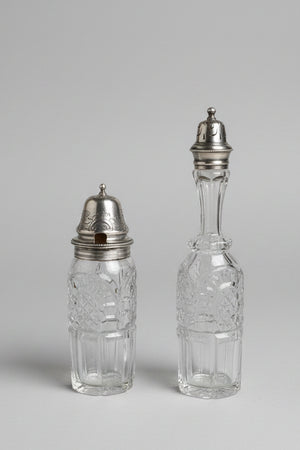 Solid silver topped cut glass matching condiment jar set-  London 1862