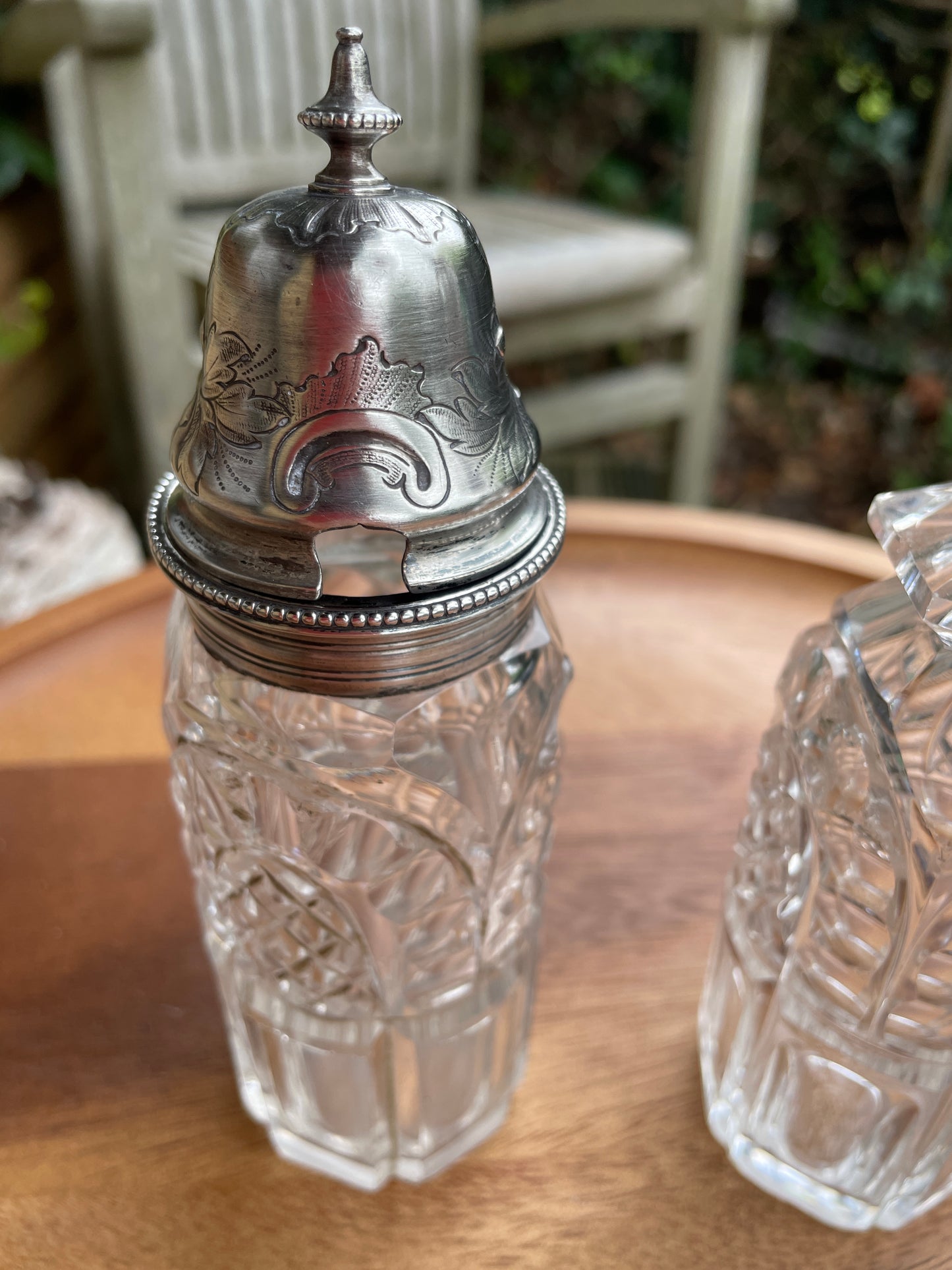 Solid silver topped cut glass matching condiment jar set-  London 1862