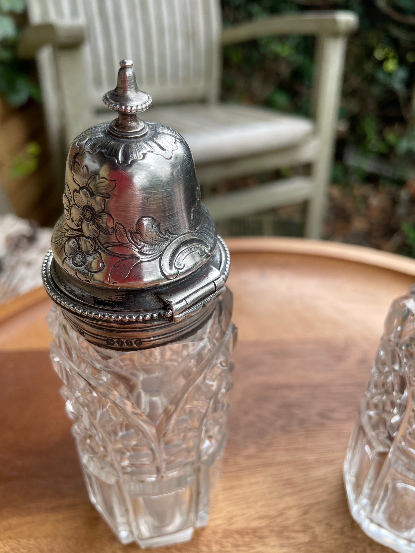 Solid silver topped cut glass matching condiment jar set-  London 1862