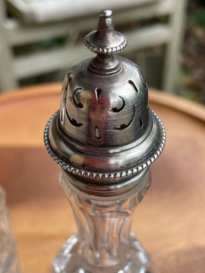 Solid silver topped cut glass matching condiment jar set-  London 1862