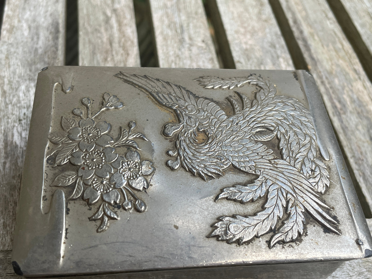 Vintage white metal trinket  box with dragon and foliage design