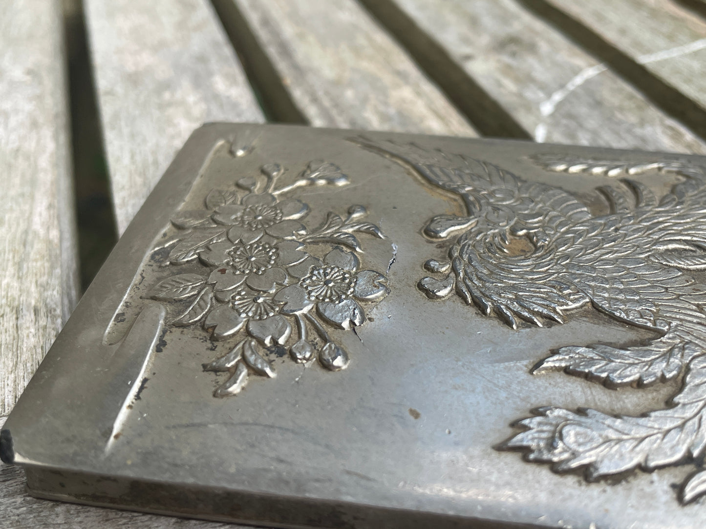 Vintage white metal trinket  box with dragon and foliage design