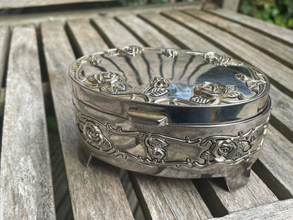 Silver trinket box-floral embossed hinged jewellery casket 11cm wide 313g