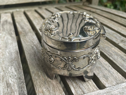 Silver trinket box-floral embossed hinged jewellery casket 11cm wide 313g