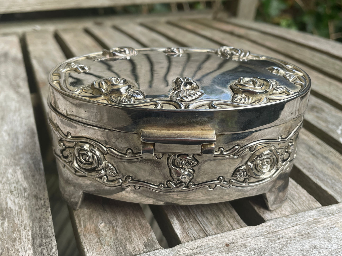 Silver trinket box-floral embossed hinged jewellery casket 11cm wide 313g