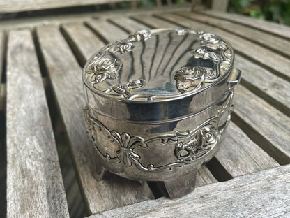 Silver trinket box-floral embossed hinged jewellery casket 11cm wide 313g