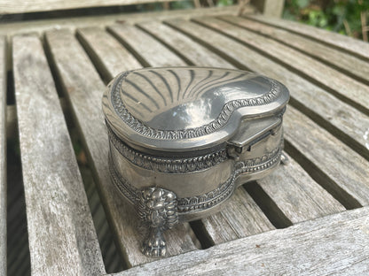 Silver heart shaped trinket box-tri footed lion claw jewellery casket 10cm wide 275g