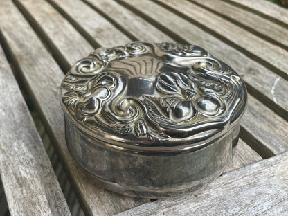 Silver trinket box-floral embossed jewellery casket 10cm diameter  602g