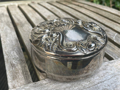 Silver trinket box-floral embossed jewellery casket 10cm diameter  602g