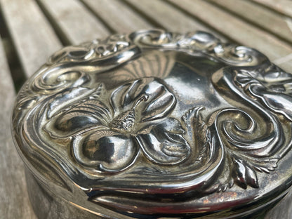 Silver trinket box-floral embossed jewellery casket 10cm diameter  602g