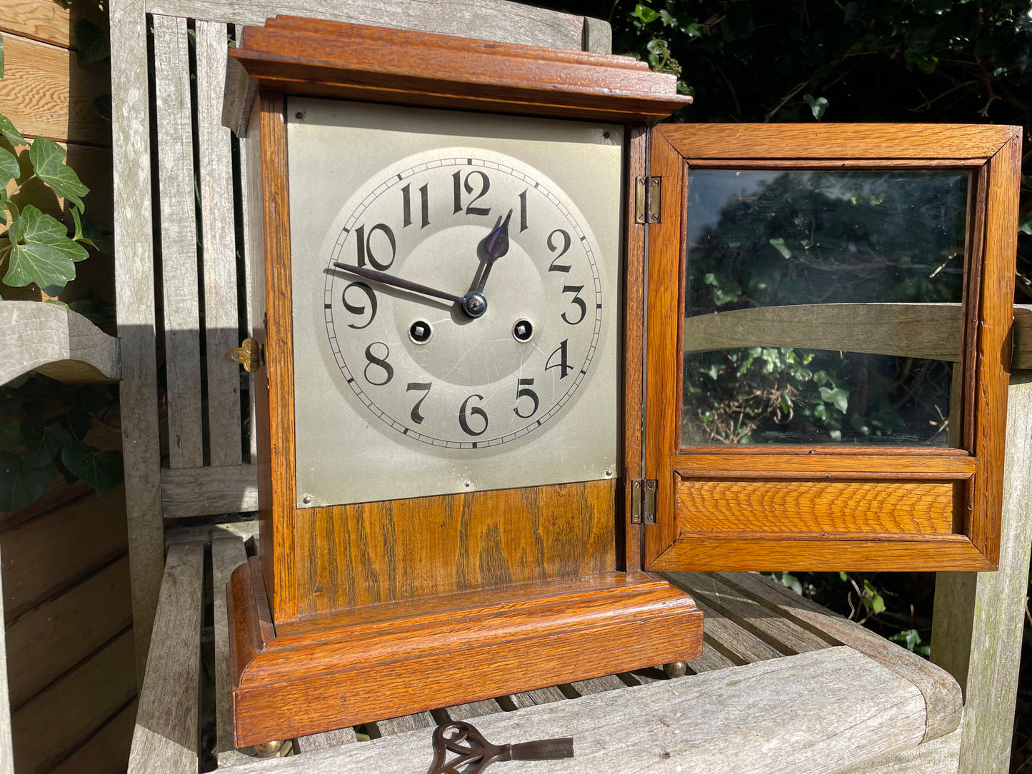 F & C Hässig Agenstein of Switzerland oak mantle clock 1930's