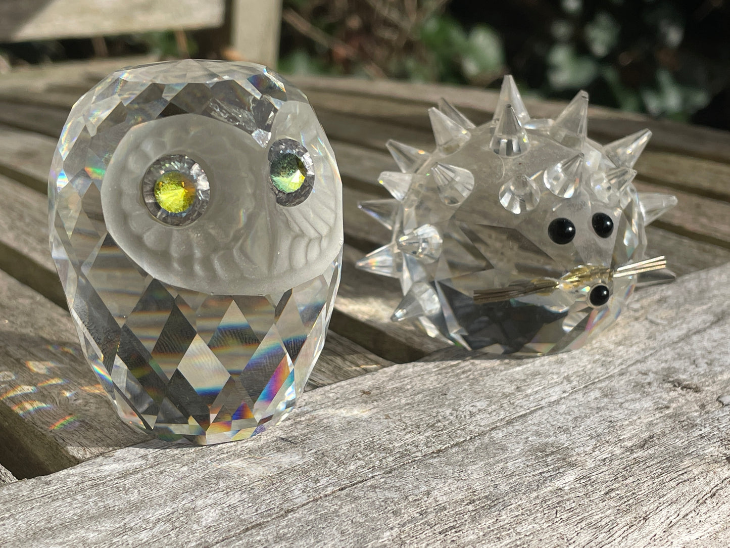 Two vintage Swarovski glass ornaments owl and hedgehog