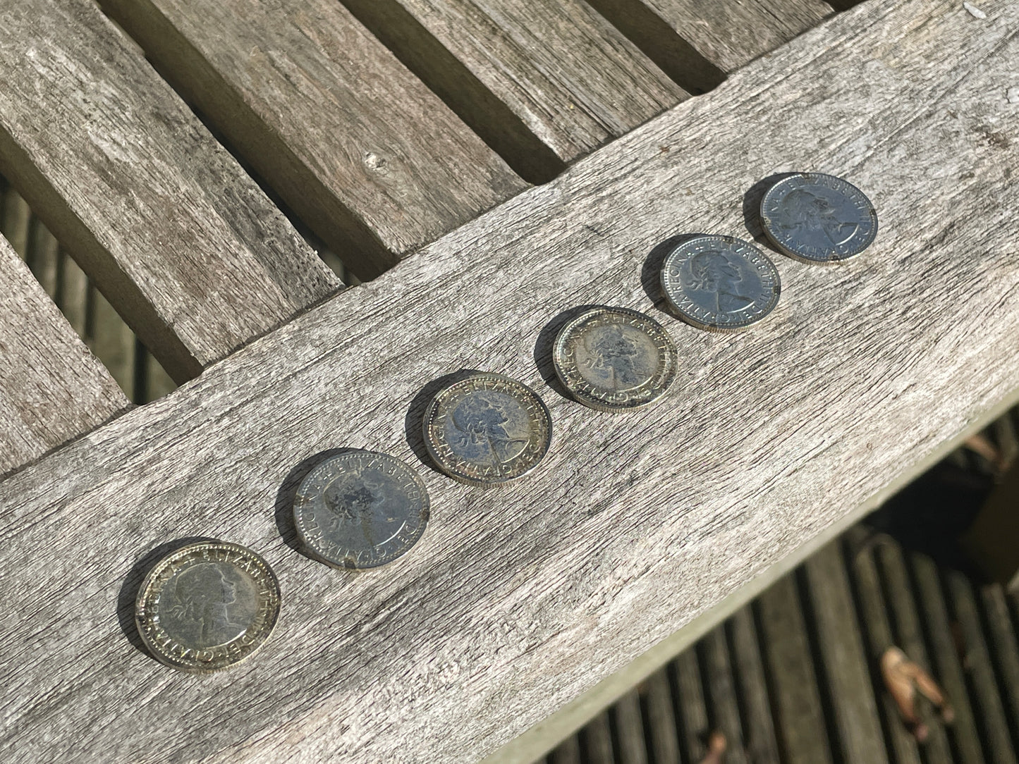 Six English Queen Elizabeth II sixpence pieces - Christmas pudding