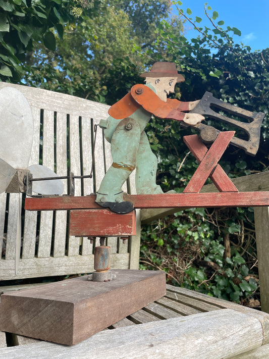 Antique American folk art whirligig man sawing wood wind spinner c1920's