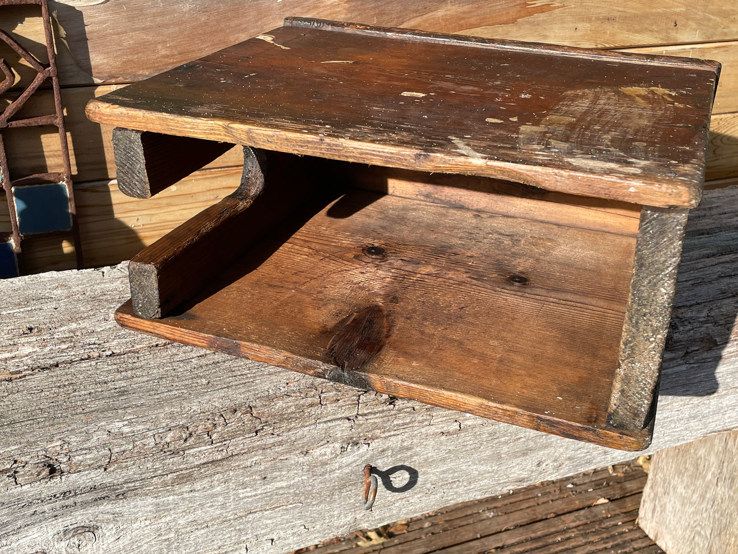 19th century hand made wooden stool from a street shoe shiner 35cm wide