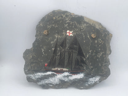 Hand-Painted Maritime Sailing Ship on Natural Slate Wall Plaque – Signed and Dated 1975
