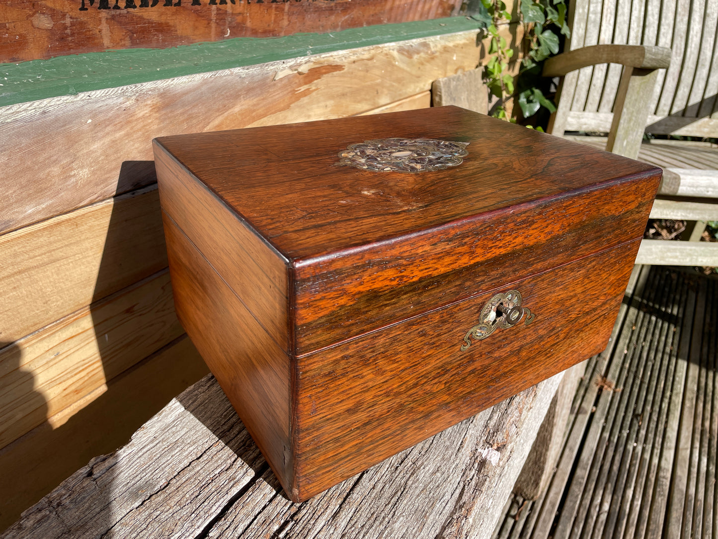 Victorian wooden Vanity/Jewellery box mother of pearl inlay original interior and contents c1860