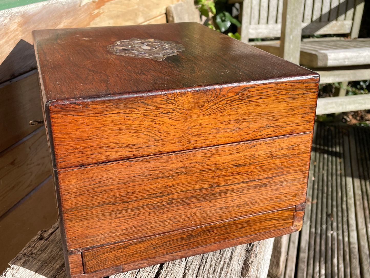 Victorian wooden Vanity/Jewellery box mother of pearl inlay original interior and contents c1860