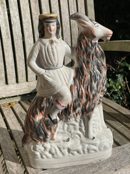 19th century English Staffordshire boy on goat ceramic figure 30cm tall c1850